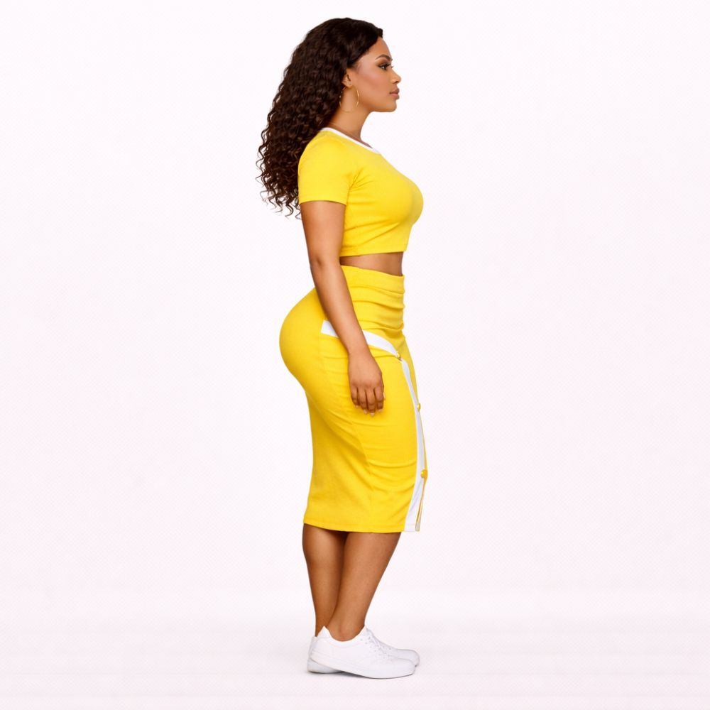 Yellow Ribbed Crop Top & Midi Skirt Set